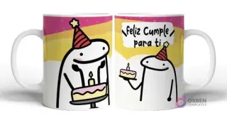 Taza sublimada con Flork con gorro de fiesta y torta de cumpleaños con vela, y otro Flork con gorro y un trozo de torta, con la frase 'Feliz Cumple para ti' en fondo colorido con puntos.