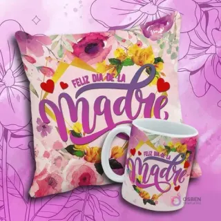 Taza y cojín de sublimación con diseño floral rosa y amarillo que dice 'Feliz Día de la Madre' con corazones rojos.