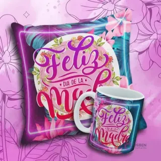 Taza y cojín sublimado con marco de neón azul y rosa, hojas tropicales y el texto 'Feliz Día de la Madre'.