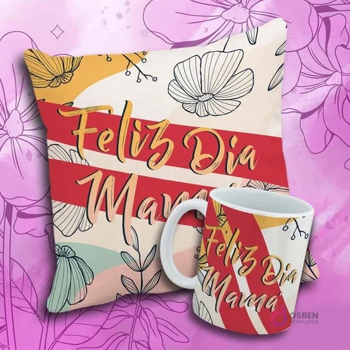 Taza y cojín sublimado con el texto 'Feliz Día Mama', franjas rojas y elementos florales minimalistas.