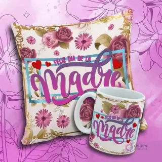 Taza y cojín de sublimación con 'FELIZ DIA DE LA Madre' en un marco elegante dorado y azul con rosas rosadas y corazones.