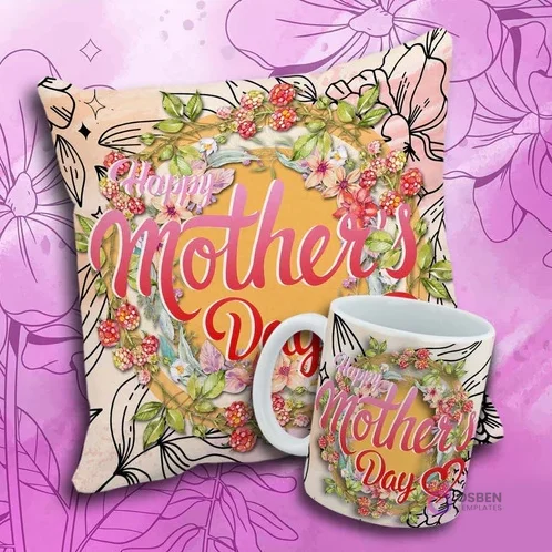 Taza y cojín con el mensaje 'Happy Mother's Day' rodeado por una corona rústica de bayas y hojas.