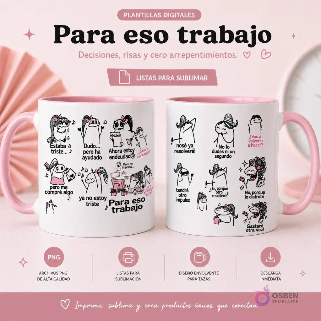 Dos tazas blancas con interior y asa rosa claro, estampadas con divertidos personajes de Flork y frases sobre trabajar y gastar dinero. Una taza muestra "Estaba triste... pero me compré algo" y "Para eso trabajo". La otra muestra "¿Vas a volverlo a hacer? No, porque lo disfruté" y "Gastaré otra vez!". La imagen resalta el diseño envolvente y los detalles humorísticos del arte.