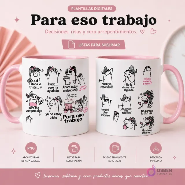 Dos tazas blancas con interior y asa rosa claro, estampadas con divertidos personajes de Flork y frases sobre trabajar y gastar dinero. Una taza muestra "Estaba triste... pero me compré algo" y "Para eso trabajo". La otra muestra "¿Vas a volverlo a hacer? No, porque lo disfruté" y "Gastaré otra vez!". La imagen resalta el diseño envolvente y los detalles humorísticos del arte.