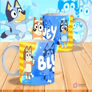Dos tazas sublimadas de Bluey: una con Bluey corriendo y el logo 'Bluey' en fondo azul claro, la otra con Bluey y Bingo sobre un fondo de rayas amarillas.