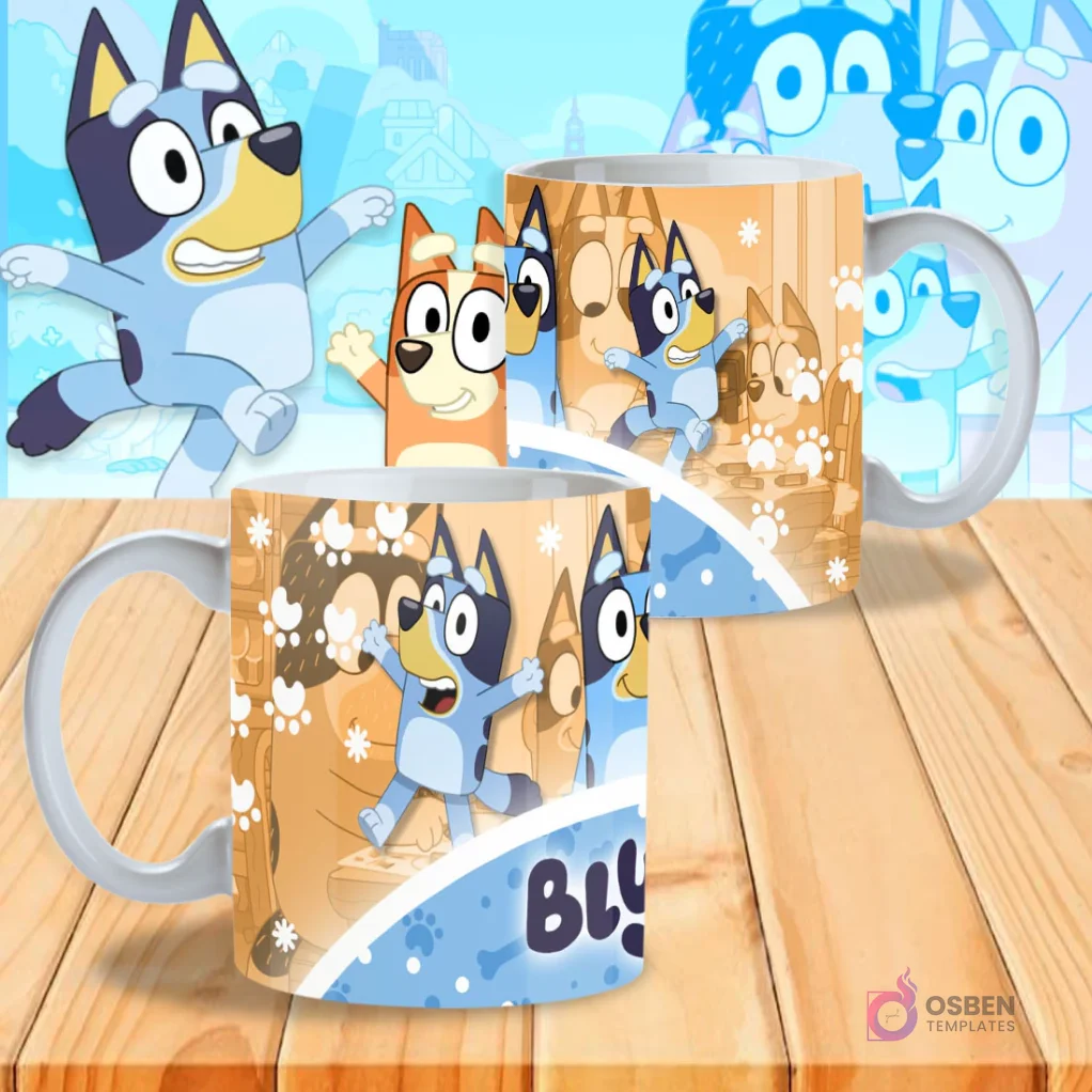 Dos tazas sublimadas de Bluey: una con Bluey y su familia en un paisaje de bosque con huellas de perro y el logo 'Bluey', la otra con Bluey y Bingo saltando.