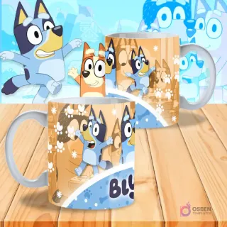 Dos tazas sublimadas de Bluey: una con Bluey y su familia en un paisaje de bosque con huellas de perro y el logo 'Bluey', la otra con Bluey y Bingo saltando.