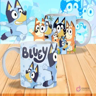 Dos tazas sublimadas con Bluey: una con Bluey corriendo y el logo 'Bluey' en fondo azul claro con burbujas, la otra con Bluey y Bingo jugando.