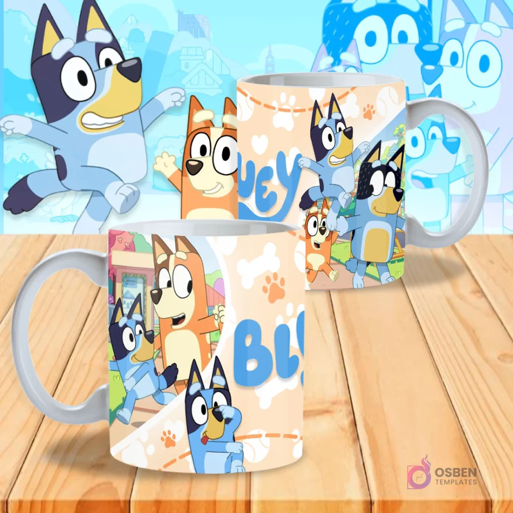 Dos tazas sublimadas con Bluey: una con la familia Heeler caminando y el logo 'Bluey' en fondo crema con huellas y líneas, la otra con Bluey jugando.
