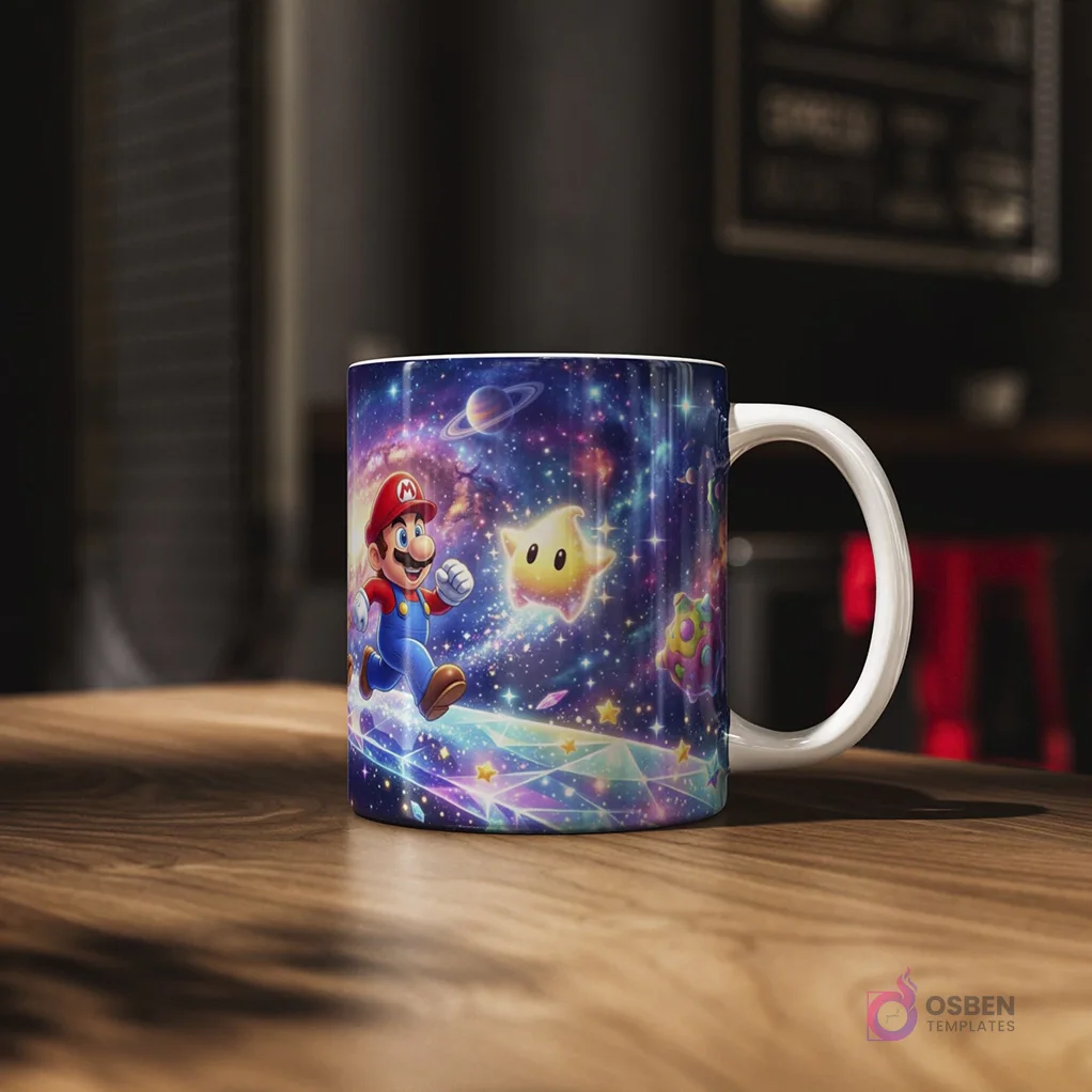 Taza sublimada con Mario Bros corriendo sobre cristales estelares en una galaxia colorida, acompañado de una estrella amarilla.