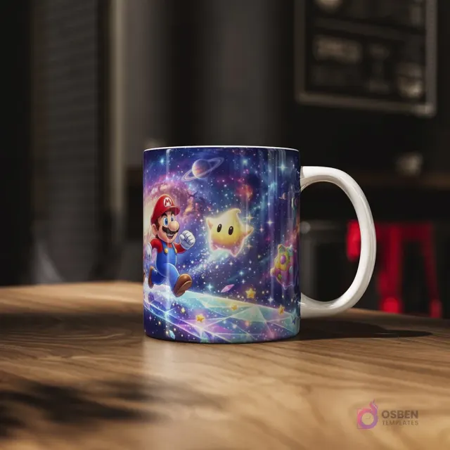 Taza sublimada con Mario Bros corriendo sobre cristales estelares en una galaxia colorida, acompañado de una estrella amarilla.