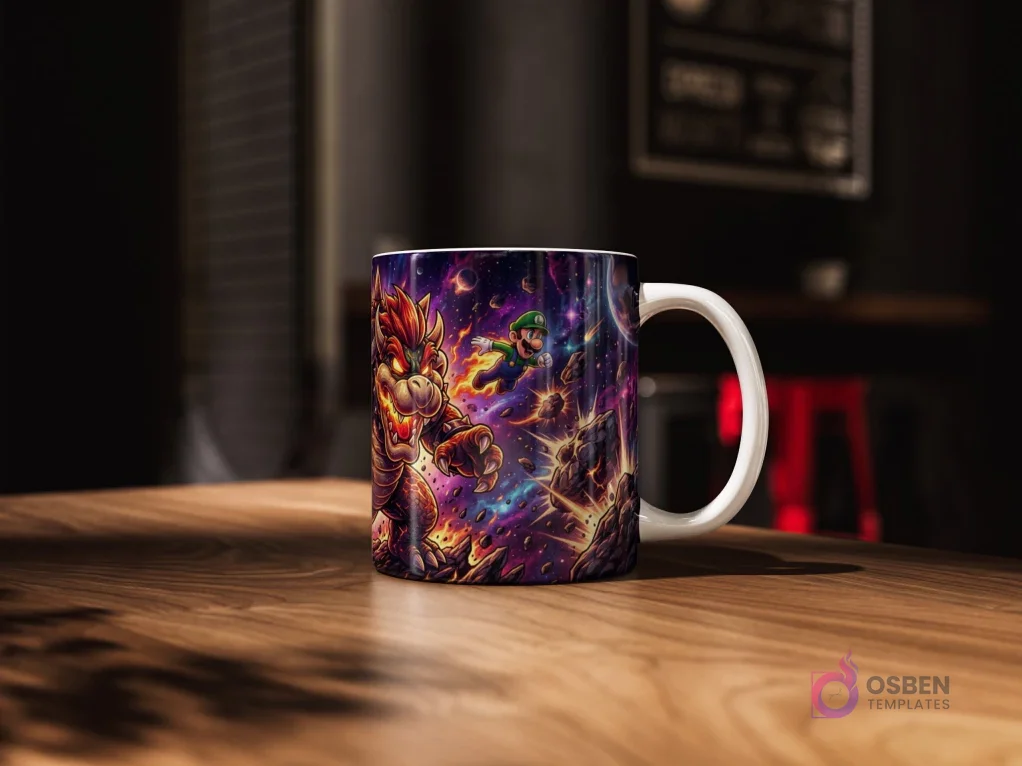Taza sublimada con Bowser furioso y en llamas, persiguiendo a Luigi volando en un fondo de galaxia oscura con explosiones y planetas.