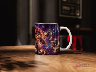 Taza sublimada con Bowser furioso y en llamas, persiguiendo a Luigi volando en un fondo de galaxia oscura con explosiones y planetas.