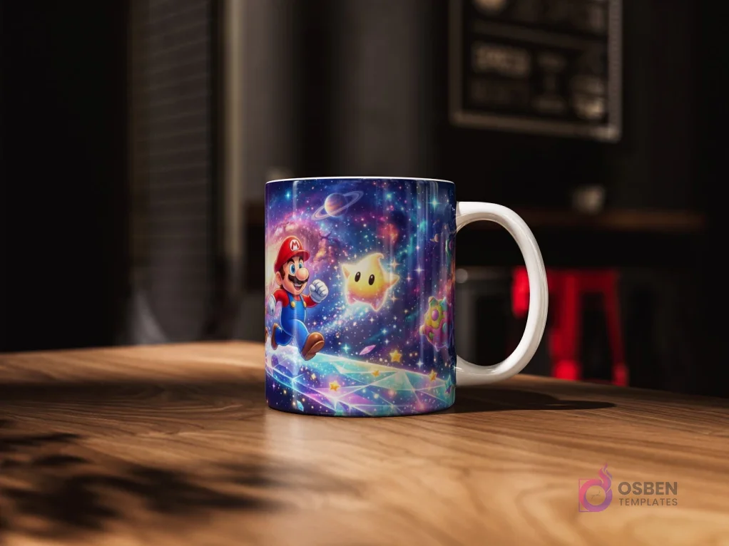 Taza de cerámica blanca con diseño de Super Mario corriendo con una Luma amarilla en un vibrante escenario espacial de Mario Galaxy.