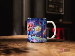 Taza de cerámica blanca con diseño de Super Mario corriendo con una Luma amarilla en un vibrante escenario espacial de Mario Galaxy.