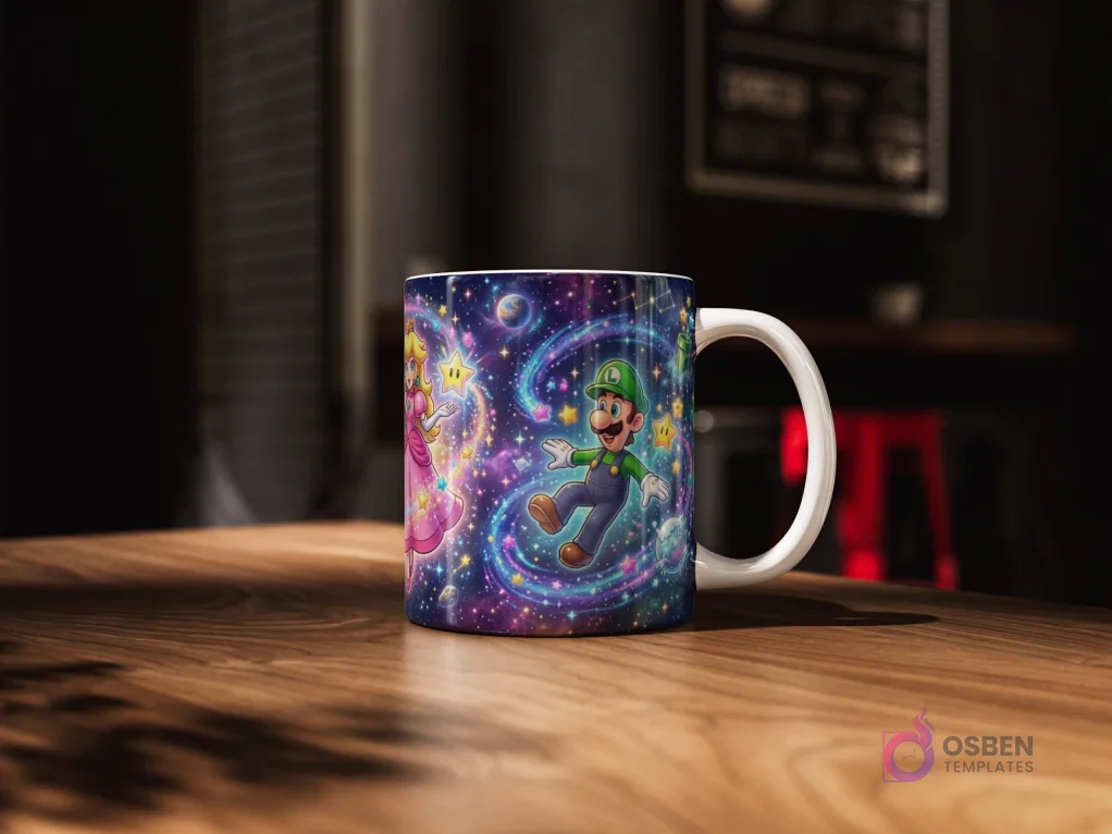 Taza sublimada con Princesa Peach, Luigi y una Luma volando en espirales de energía cósmica y estrellas, diseño de Mario Galaxy.