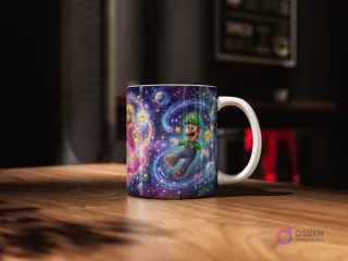 Taza sublimada con Princesa Peach, Luigi y una Luma volando en espirales de energía cósmica y estrellas, diseño de Mario Galaxy.