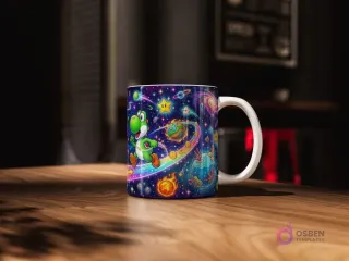 Taza sublimada con Yoshi corriendo alegremente sobre un sendero de arcoíris estelar, rodeado de planetas y estrellas en una galaxia.