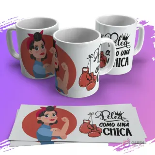 Tazas con diseño estilo 'Rosie the Riveter' y guantes de boxeo, frase 'Pelea como una chica' para sublimar.