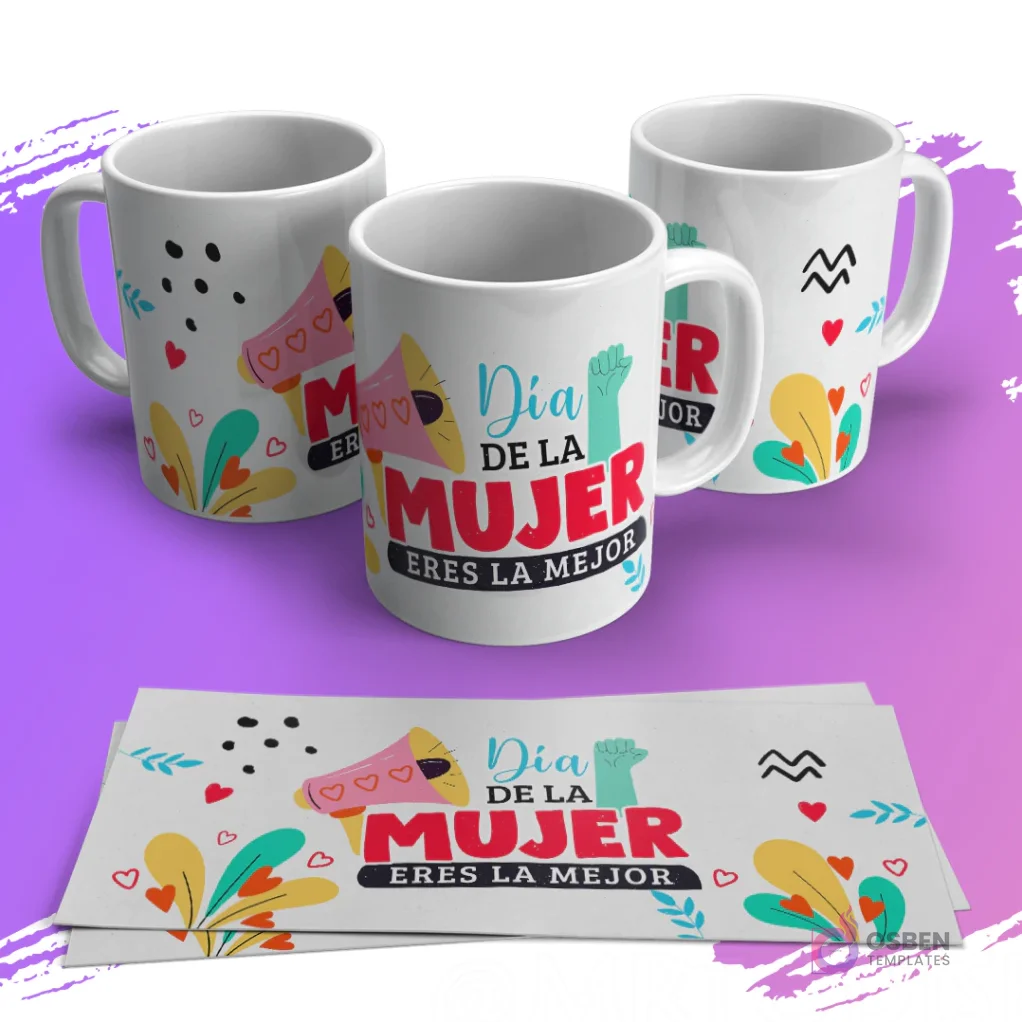 Mugs con diseño vibrante 'Día de la Mujer, Eres la Mejor' con megáfono y elementos florales.