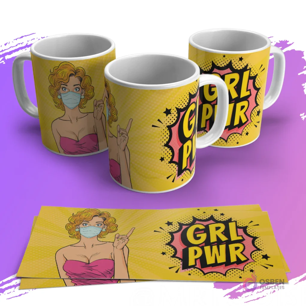 Tazas con diseño pop art de mujer con mascarilla y 'GRL PWR' en estilo cómic para sublimación.