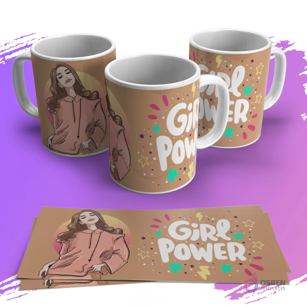 Tazas con diseño de mujer estilosa en hoodie y 'Girl Power' con estrellas y detalles en tonos cálidos.