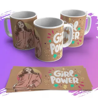 Tazas con diseño de mujer estilosa en hoodie y 'Girl Power' con estrellas y detalles en tonos cálidos.