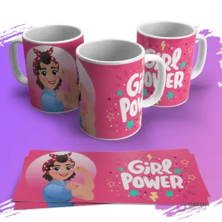 Mugs con diseño de mujer 'Rosie the Riveter' sobre fondo rosa intenso y 'Girl Power' con estrellas.