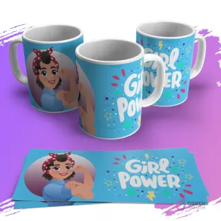 Mugs con diseño de mujer 'Rosie the Riveter' sobre fondo azul brillante y 'Girl Power' con estrellas.