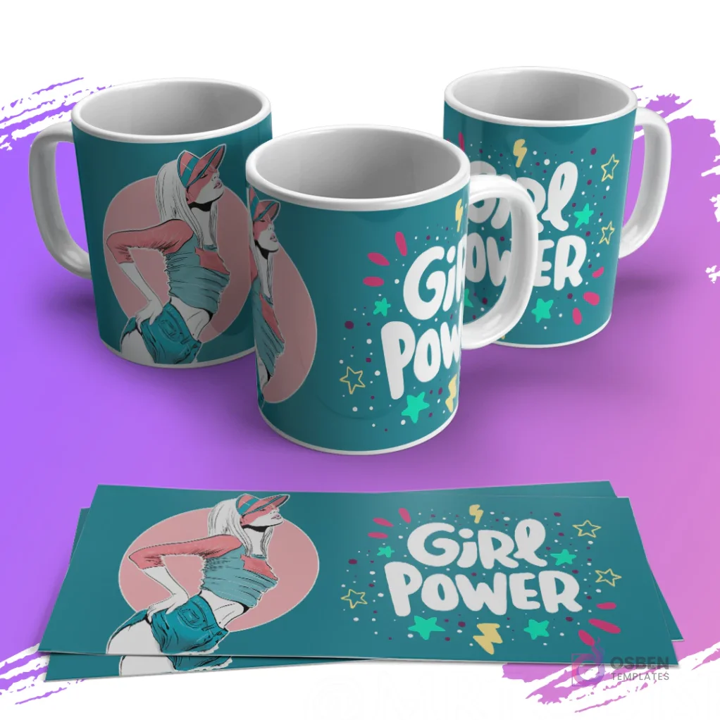 Mugs con diseño estilizado de mujer en gorra y shorts, posando, y 'Girl Power' con estrellas en fondo teal.