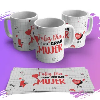 Tazas con diseño 'Feliz Día a una Gran Mujer' sobre fondo cuadriculado, con corazón y elementos de 'GRL PWR'.