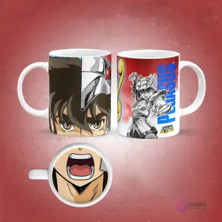 Taza sublimada de Seiya de Saint Seiya con armadura dorada, ojos azules y boca abierta magnificada en la base, fondo rojo