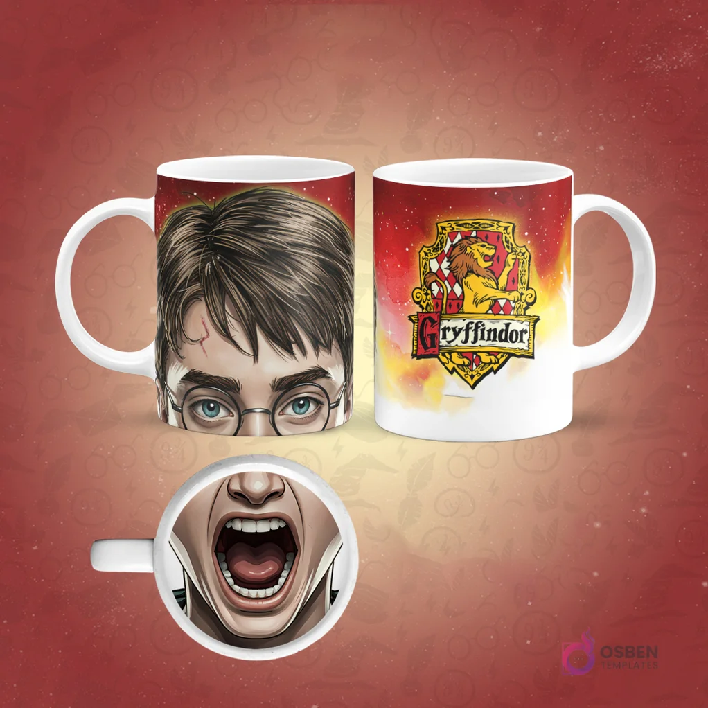 Taza sublimada de Harry Potter, cicatriz de rayo, gafas y boca gritando magnificada en la base, fondo rojo