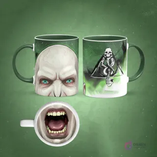 Taza sublimada de Harry Potter, cicatriz de rayo, gafas y boca gritando magnificada en la base, fondo rojo