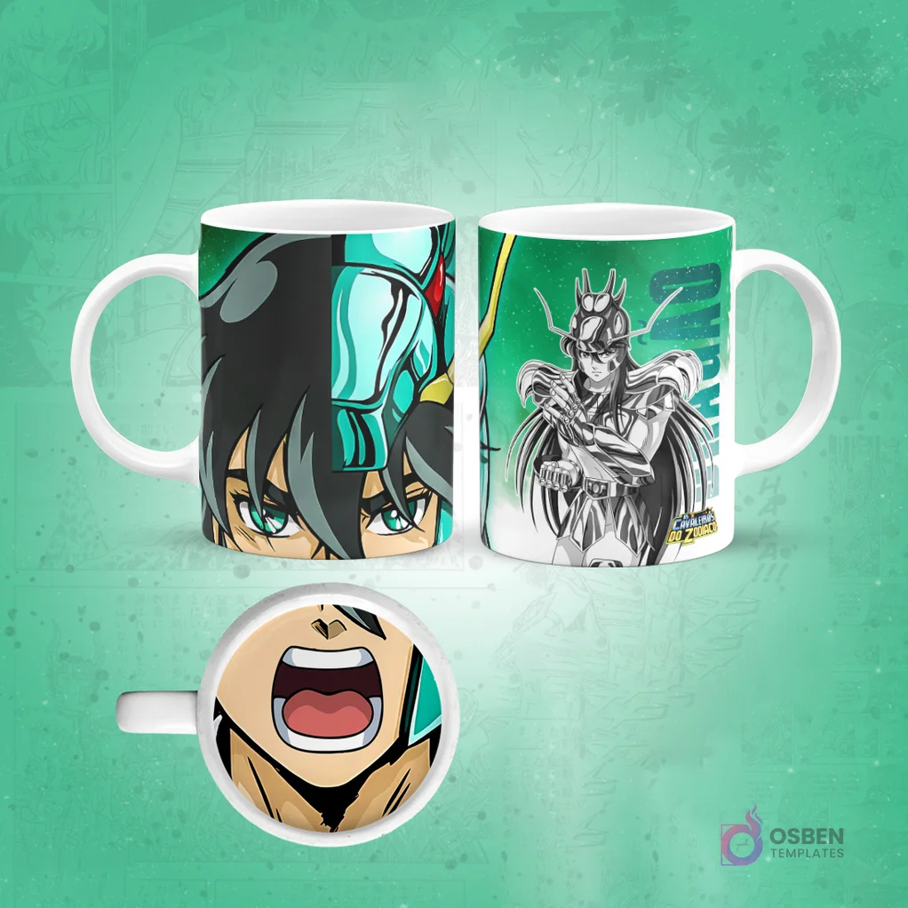 Taza sublimada de Shun de Saint Seiya con armadura de Andrómeda, ojos verdes y boca abierta magnificada en la base, fondo rosa