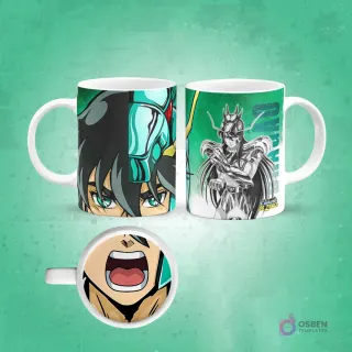 Taza sublimada de Shun de Saint Seiya con armadura de Andrómeda, ojos verdes y boca abierta magnificada en la base, fondo rosa
