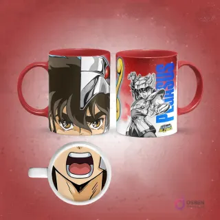 Taza sublimada de Shiryu de Saint Seiya con armadura de Dragón, ojos verdes y boca abierta magnificada en la base, fondo verde