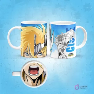 Taza sublimada de Seiya de Saint Seiya con armadura azul oscuro, puño levantado y boca abierta magnificada en la base, fondo azul