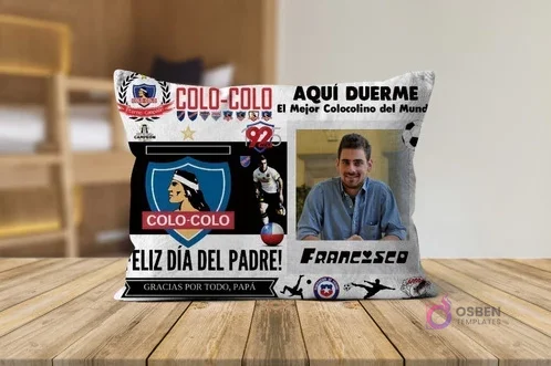 Cojín sublimado de Colo-Colo para el Día del Padre, personalizado con foto y texto 'Aquí duerme el mejor Colocolino del Mundo'. Diseño de plantilla PSD.