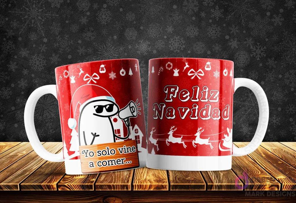 Taza navideña de Flork con gorro de Santa y megáfono, meme 'Yo solo vine a comer', fondo rojo festivo con Feliz Navidad y renos.