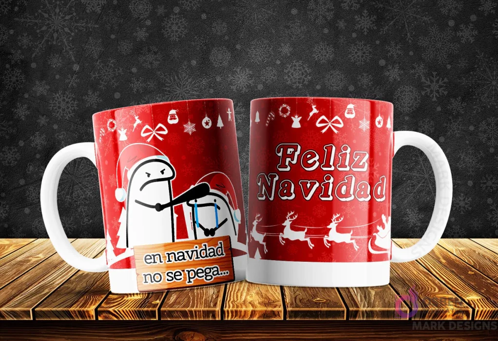 Taza de Flork navideño golpeando a otro Flork llorando con el meme 'en navidad no se pega', fondo rojo de Feliz Navidad.