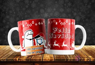 Taza de Flork navideño golpeando a otro Flork llorando con el meme 'en navidad no se pega', fondo rojo de Feliz Navidad.