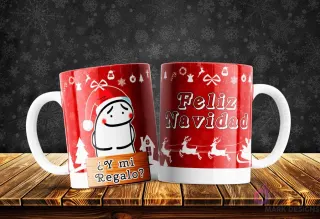 Taza con Flork navideño en gorro de Santa, exigiendo '¿Y mi Regalo?' con humor, sobre fondo rojo de Feliz Navidad.