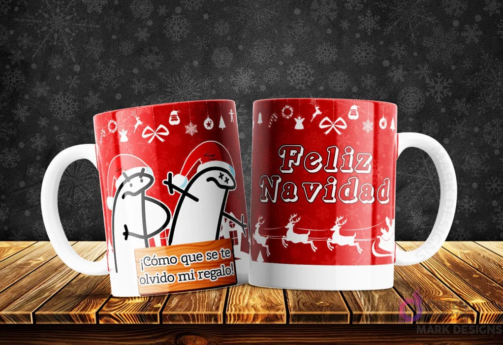 Taza con dos Florks navideños, uno indignado preguntando '¿Cómo se te olvidó mi regalo?', sobre diseño rojo festivo.