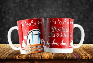 Taza con Flork llorando y suplicando 'Ya no más pavo porfavor', reflejando el hartazgo navideño, diseño rojo.