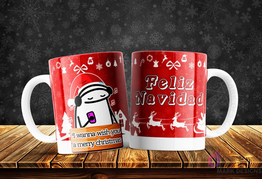 Taza de Flork navideño escuchando música con audífonos, meme 'I wanna wish you a merry christmas', diseño festivo.