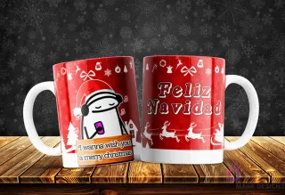 Taza de Flork navideño escuchando música con audífonos, meme 'I wanna wish you a merry christmas', diseño festivo.