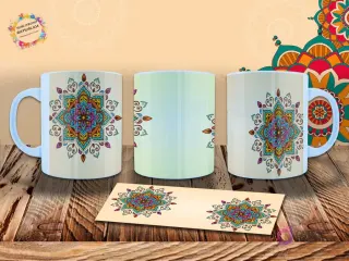 Taza sublimada con mandala central colorido, combinando tonos rojo, azul, amarillo y verde en un patrón simétrico. Mockup.