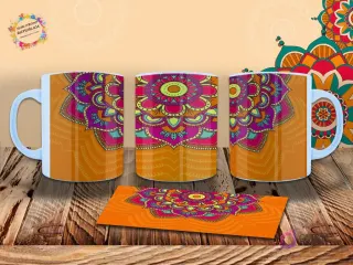 Taza con fondo naranja vibrante y un mandala detallado en tonos rosa, verde y amarillo. Diseño envolvente para sublimación.