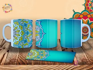 Taza con mandala de patrones florales en verde lima y turquesa, con un diseño parcial que captura la atención. Mockup sobre madera.
